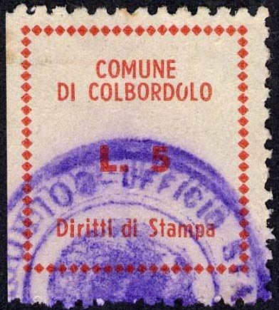 Marca da Bollo del Comune di COLBORDOLO su Carta Bianca di dimensioni 24,5 x 29,5 mm