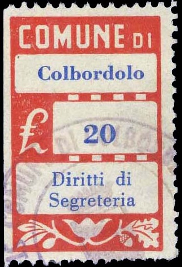 Marca da Bollo del Comune di COLBORDOLO su Carta Bianca di dimensioni 20 x 28 mm