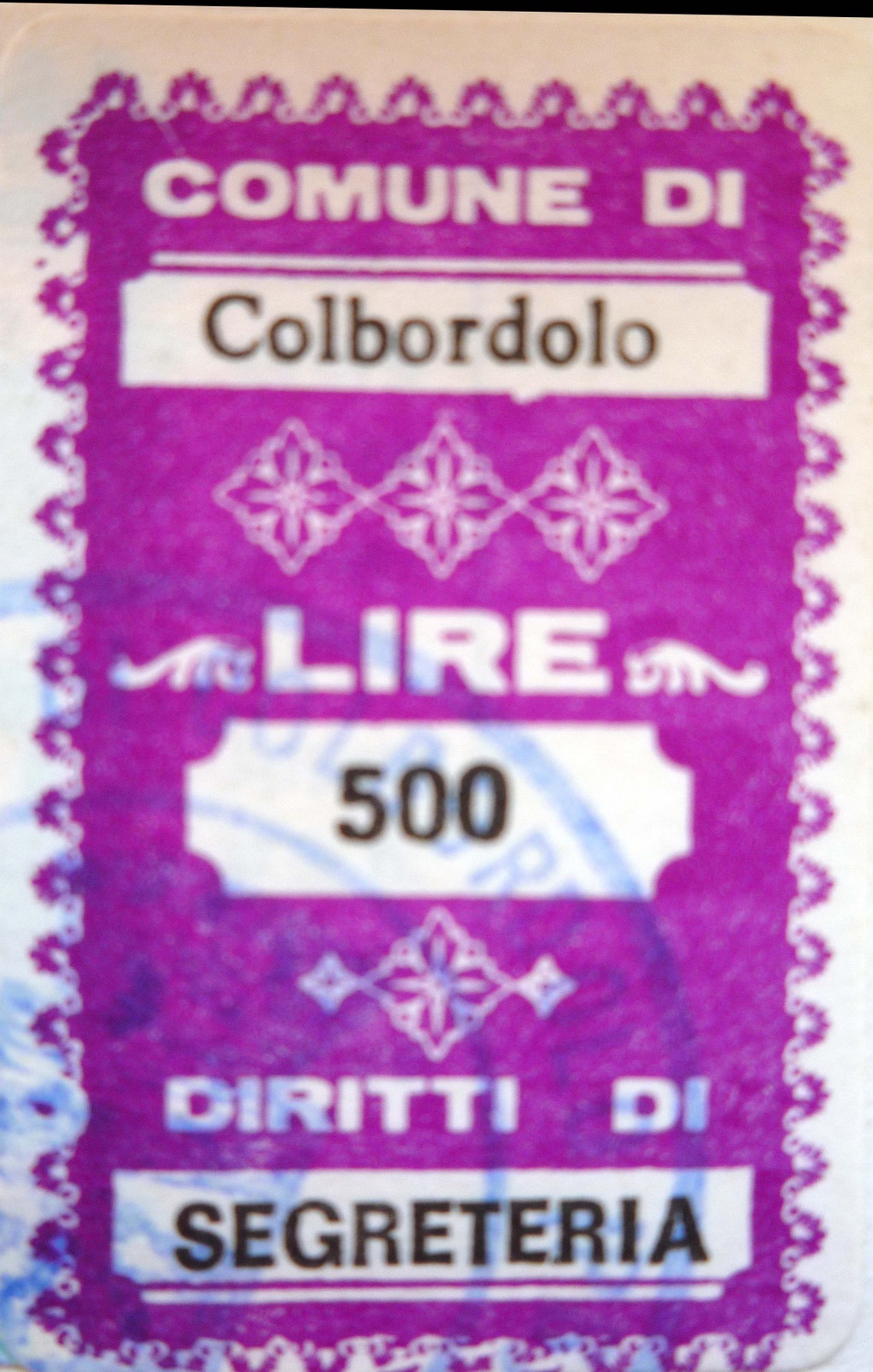 Marca da Bollo del Comune di COLBORDOLO su Carta Bianca di dimensioni 20 x 32,5 mm