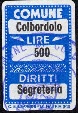 Marca da Bollo del Comune di COLBORDOLO su Carta Bianca di dimensioni 16 x 25,5 mm