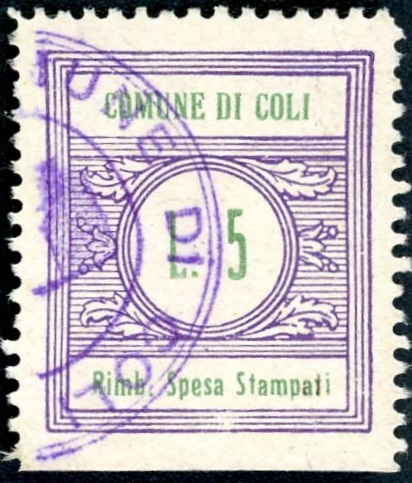 Marca da Bollo del Comune di COLI su Carta Bianca di dimensioni 22 x 25,5 mm