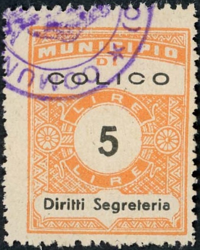 Marca da Bollo del Comune di COLICO su Carta Bianca Sottile di dimensioni 23 x 29 mm