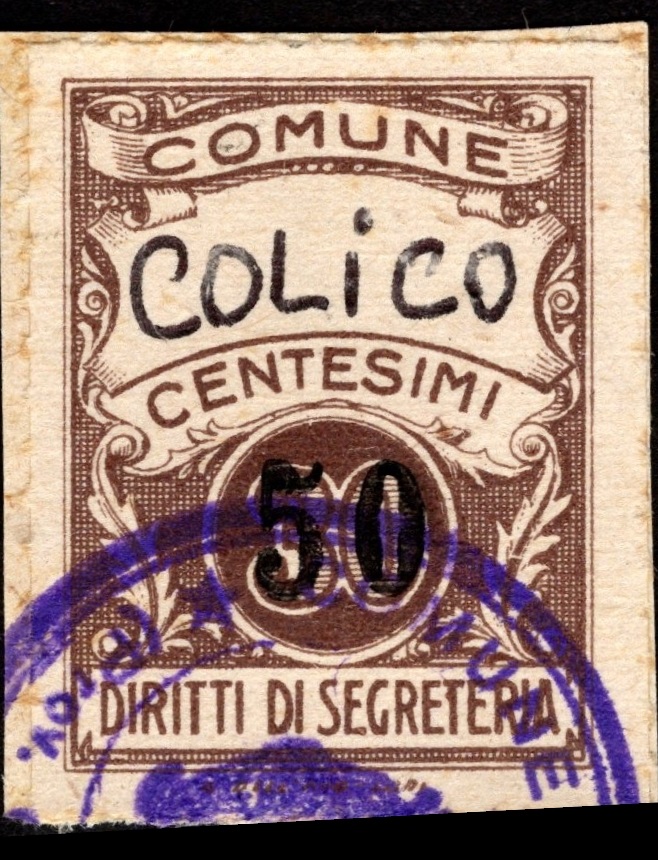 Marca da Bollo del Comune di COLICO su Carta Colorata di dimensioni 22,5 x 29 mm