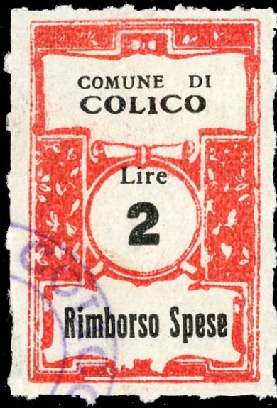 Marca da Bollo del Comune di COLICO su Carta Bianca di dimensioni 22,5 x 35,5 mm