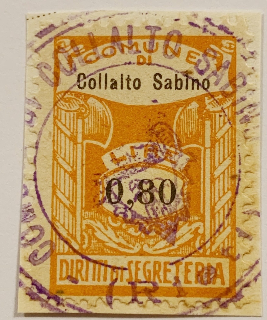 Marca da Bollo del Comune di COLLALTO SABINO su Carta Bianca Sottile di dimensioni 28 x 35,5 mm