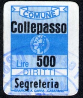 Marca da Bollo del Comune di COLLEPASSO su Carta Bianca di dimensioni 15 x 19,5 mm
