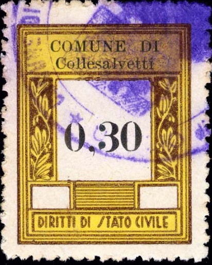 Marca da Bollo del Comune di COLLESALVETTI su Carta Bianca di dimensioni 23,5 x 29,5 mm