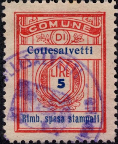 Marca da Bollo del Comune di COLLESALVETTI su Carta Bianca di dimensioni 21,5 x 28,5 mm