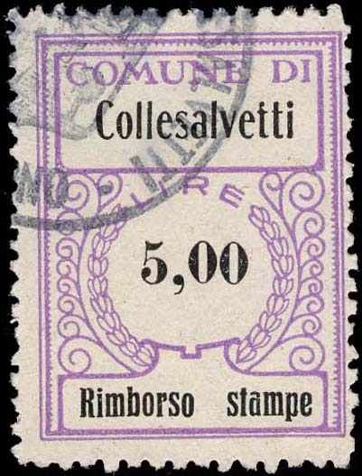Marca da Bollo del Comune di COLLESALVETTI su Carta Bianca di dimensioni 23,5 x 32 mm