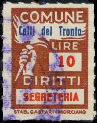 Marca da Bollo del Comune di COLLI DEL TRONTO su Carta Bianca Sottile di dimensioni 18 x 26 mm