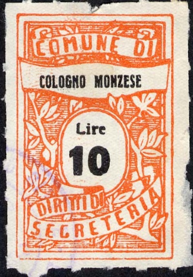 Marca da Bollo del Comune di COLOGNO MONZESE su Carta Bianca di dimensioni 22,5 x 35 mm