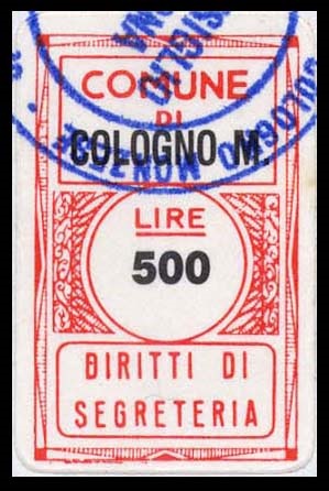 Marca da Bollo del Comune di COLOGNO MONZESE su Carta Bianca di dimensioni 16,5 x 27 mm