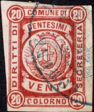 Marca da Bollo del Comune di COLORNO su Carta Bianca di dimensioni 21 X 27 mm