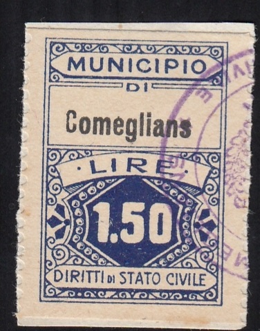 Marca da Bollo del Comune di COMEGLIANS su Carta Bianca di dimensioni 22 x 29,5 mm