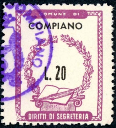 Marca da Bollo del Comune di COMPIANO su Carta Bianca di dimensioni 20,5 x 26,5 mm