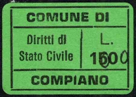 Marca da Bollo del Comune di COMPIANO su Carta Colorata di dimensioni 26,5 x 19 mm