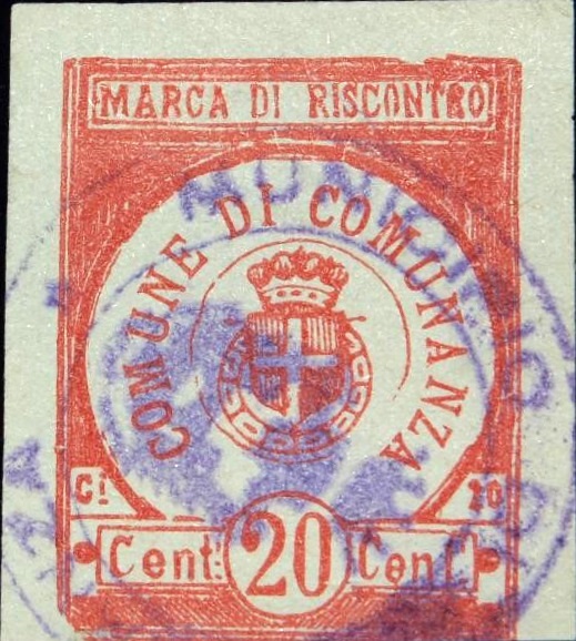 Marca da Bollo del Comune di COMUNANZA (COMUNE DEL LITTORIO) su Carta Bianca Sottile di dimensioni 22 x 25,5 mm