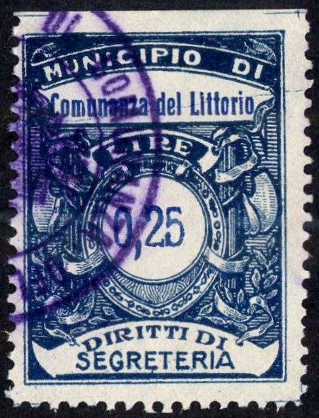Marca da Bollo del Comune di COMUNANZA (COMUNE DEL LITTORIO) su Carta Bianca Sottile di dimensioni 25,5 x 34 mm