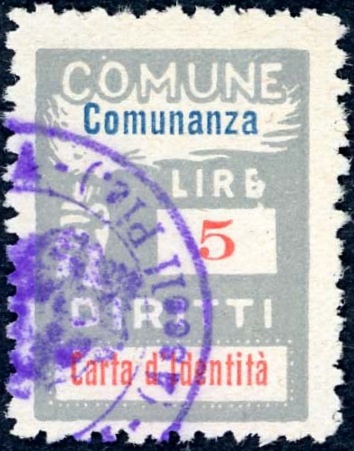 Marca da Bollo del Comune di COMUNANZA (COMUNE DEL LITTORIO) su Carta Bianca di dimensioni 18,5 x 26 mm