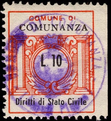 Marca da Bollo del Comune di COMUNANZA (COMUNE DEL LITTORIO) su Carta Bianca di dimensioni 21 x 25 mm