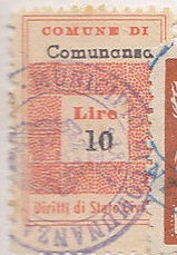 Marca da Bollo del Comune di COMUNANZA (COMUNE DEL LITTORIO) su Carta Bianca Sottile di dimensioni 19,5 x 28,5 mm