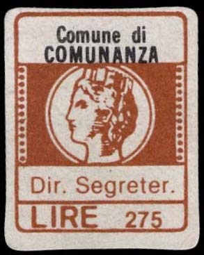 Marca da Bollo del Comune di COMUNANZA (COMUNE DEL LITTORIO) su Carta Bianca di dimensioni 16 x 20 mm