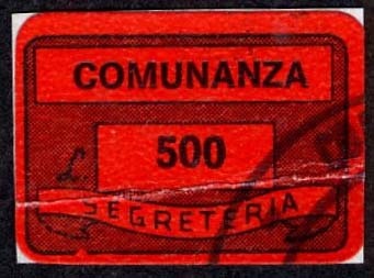 Marca da Bollo del Comune di COMUNANZA (COMUNE DEL LITTORIO) su Carta Colorata di dimensioni 20 x 14 mm