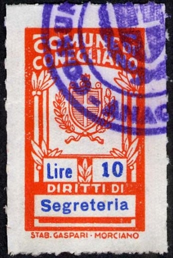 Marca da Bollo del Comune di CONEGLIANO su Carta Bianca Sottile di dimensioni 16,5 x 29,5 mm