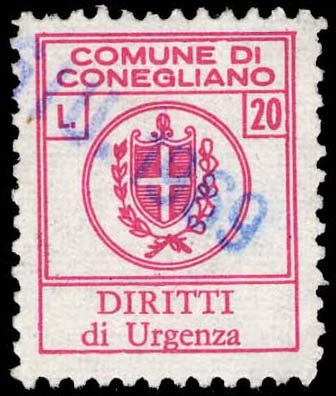 Marca da Bollo del Comune di CONEGLIANO su Carta Bianca Sottile di dimensioni 18 x 22,5 mm