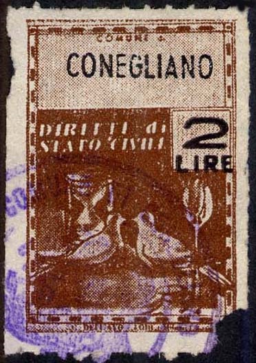 Marca da Bollo del Comune di CONEGLIANO su Carta Bianca Sottile di dimensioni 21,5 x 32 mm