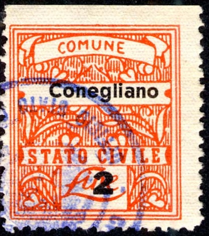 Marca da Bollo del Comune di CONEGLIANO su Carta Bianca di dimensioni 23,5 x 26,5 mm
