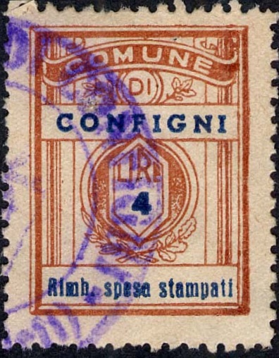 Marca da Bollo del Comune di CONFIGNI su Carta Bianca Sottile di dimensioni 21,5 x 28,5 mm