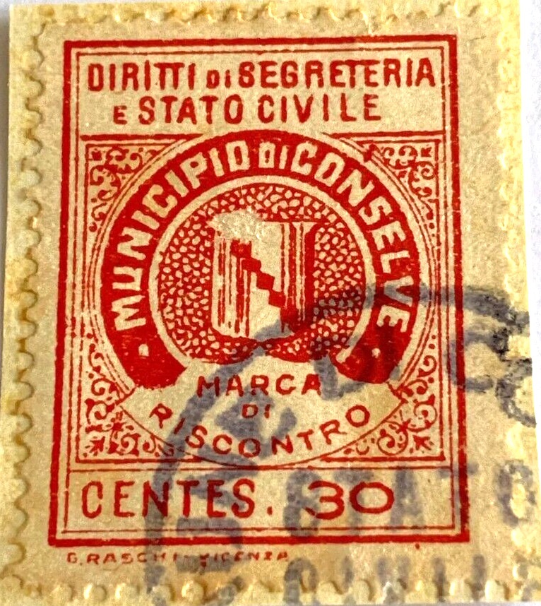 Marca da Bollo del Comune di CONSELVE su Carta Bianca Sottile di dimensioni 22 x 29,5 mm