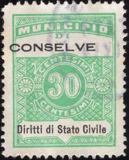 Marca da Bollo del Comune di CONSELVE su Carta Bianca Sottile di dimensioni 23 x 29 mm