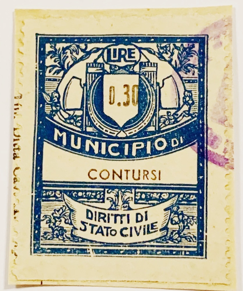 Marca da Bollo del Comune di CONTURSI TERME su Carta Bianca Sottile di dimensioni 22 x 37 mm