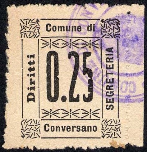 Marca da Bollo del Comune di CONVERSANO su Carta Bianca Sottile di dimensioni 22,5 x 27 mm