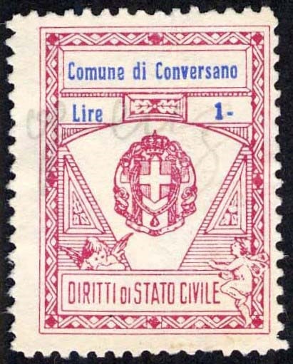 Marca da Bollo del Comune di CONVERSANO su Carta Bianca di dimensioni 22,5 x 30 mm
