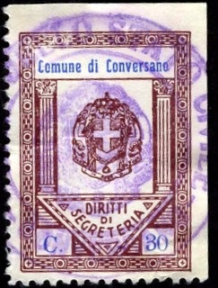Marca da Bollo del Comune di CONVERSANO su Carta Bianca Sottile di dimensioni 22 x 31 mm
