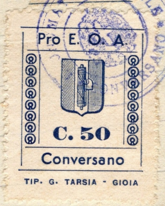 Marca da Bollo del Comune di CONVERSANO su Carta Bianca di dimensioni 22 x 29 mm