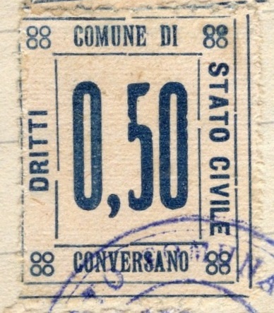 Marca da Bollo del Comune di CONVERSANO su Carta Bianca di dimensioni 22,5 x 26,5 mm