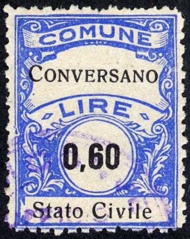 Marca da Bollo del Comune di CONVERSANO su Carta Bianca di dimensioni 22,5 x 29 mm