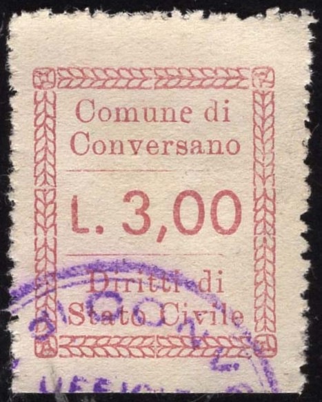 Marca da Bollo del Comune di CONVERSANO su Carta Bianca di dimensioni 15 x 17 mm