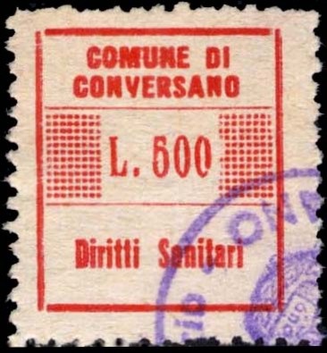 Marca da Bollo del Comune di CONVERSANO su Carta Bianca di dimensioni 15 x 17 mm