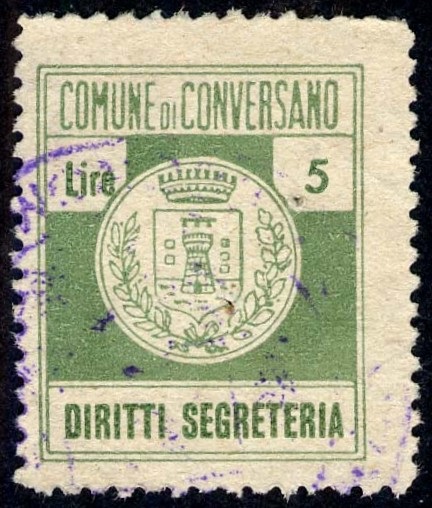 Marca da Bollo del Comune di CONVERSANO su Carta Bianca Sottile di dimensioni 22 x 26,5 mm