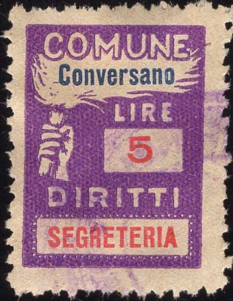 Marca da Bollo del Comune di CONVERSANO su Carta Bianca Sottile di dimensioni 18,5 x 26 mm