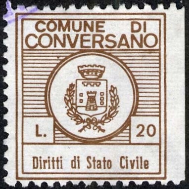 Marca da Bollo del Comune di CONVERSANO su Carta Bianca di dimensioni 21 x 18 mm
