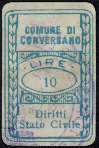 Marca da Bollo del Comune di CONVERSANO su Carta Bianca di dimensioni 20 x 30 mm