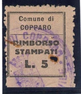 Marca da Bollo del Comune di COPPARO su Carta Colorata di dimensioni 19,5 x 22 mm