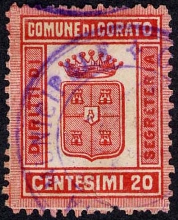 Marca da Bollo del Comune di CORATO su Carta Bianca di dimensioni 19,5 x 25 mm