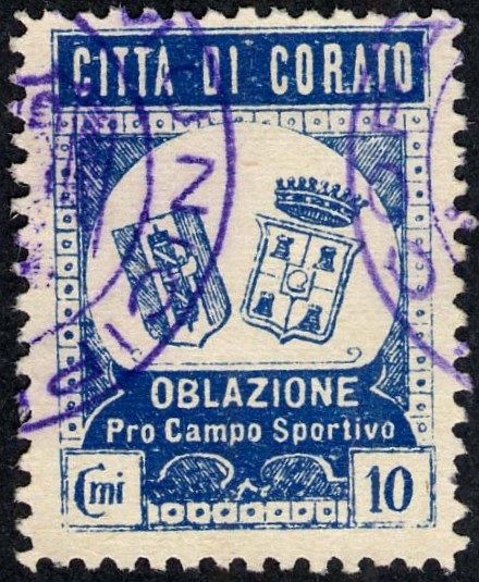 Marca da Bollo del Comune di CORATO su Carta Bianca Sottile di dimensioni 23 x 31 mm